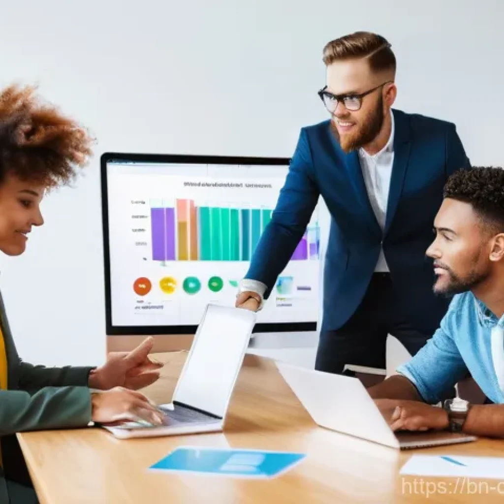 소규모 비즈니스에 적합한 생산성 도구 - **Prompt:** A diverse team of 3-4 small business professionals, fully clothed in smart casual attire...