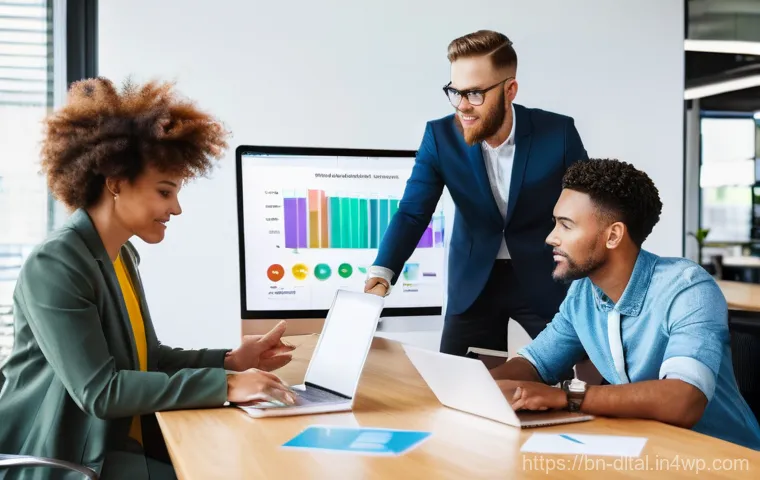 소규모 비즈니스에 적합한 생산성 도구 - **Prompt:** A diverse team of 3-4 small business professionals, fully clothed in smart casual attire...