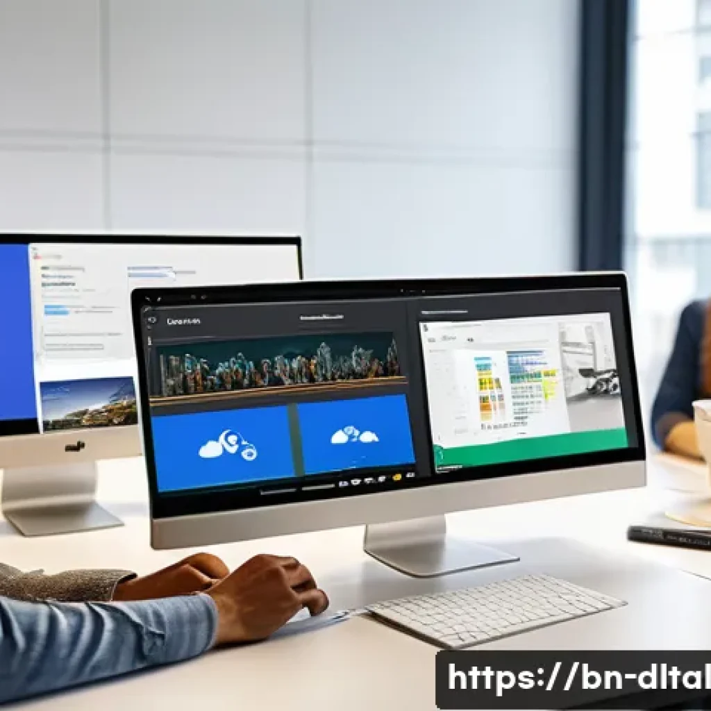 디지털 도구 활용의 최신 트렌드 - A modern office environment showing a diverse team collaborating remotely using cloud-based digital ...