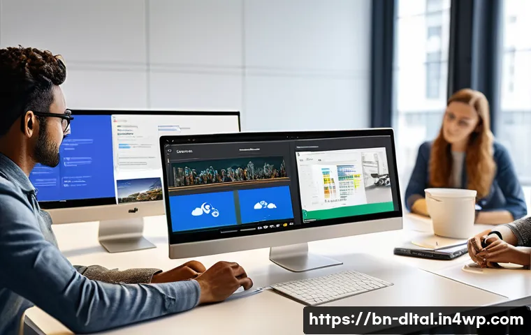 디지털 도구 활용의 최신 트렌드 - A modern office environment showing a diverse team collaborating remotely using cloud-based digital ...