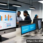 직원 생산성을 높이는 디지털 도구 활용법 - A modern office environment showing a diverse Bengali team collaborating efficiently using digital p...