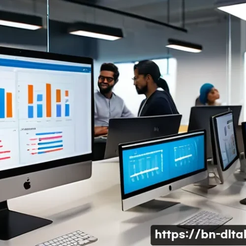 직원 생산성을 높이는 디지털 도구 활용법 - A modern office environment showing a diverse Bengali team collaborating efficiently using digital p...