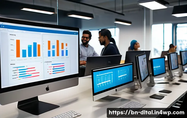 직원 생산성을 높이는 디지털 도구 활용법 - A modern office environment showing a diverse Bengali team collaborating efficiently using digital p...