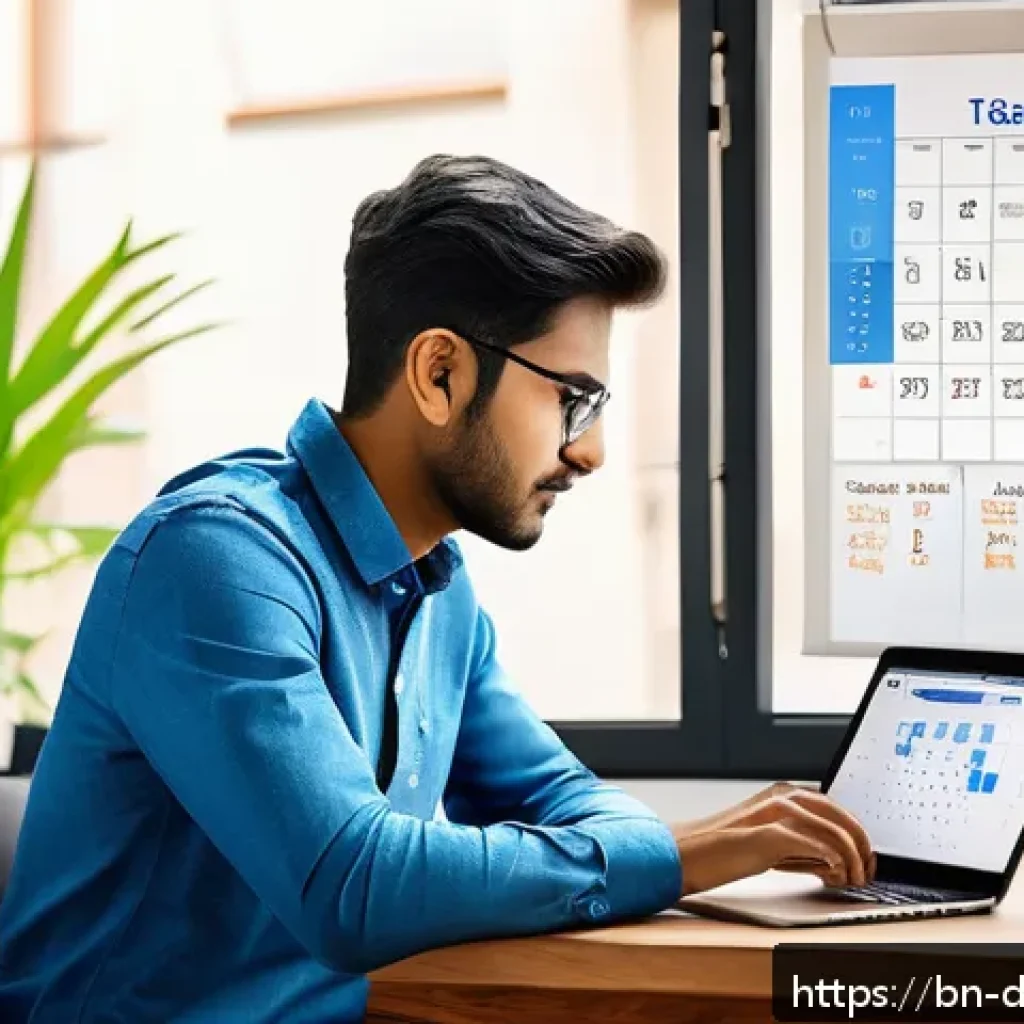 디지털 도구를 통한 시간 절약 전략 - A modern workspace scene featuring a Bengali professional using Google Calendar on a sleek laptop an...