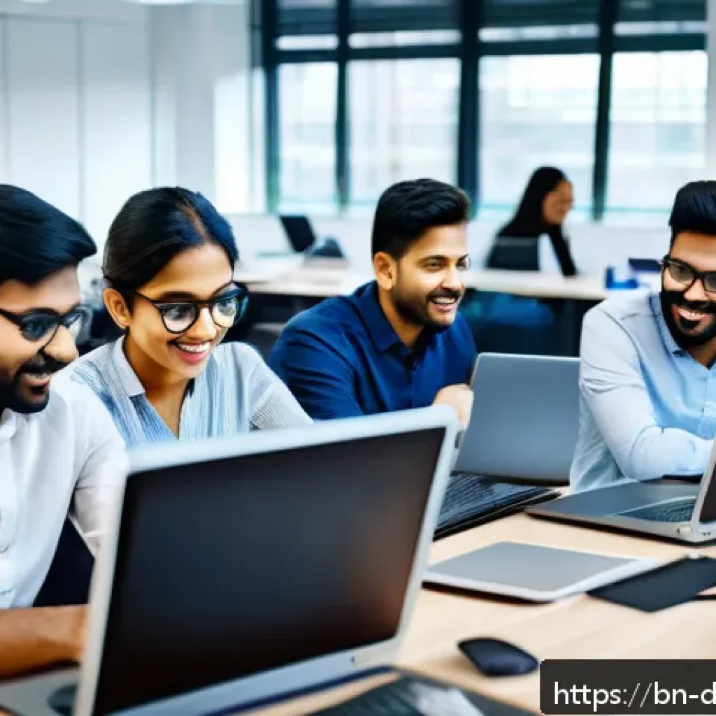 생산성 도구와 팀 성과의 관계 연구 - A diverse Bengali team collaborating in a modern office setting, using productivity tools on multipl...