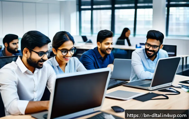 생산성 도구와 팀 성과의 관계 연구 - A diverse Bengali team collaborating in a modern office setting, using productivity tools on multipl...